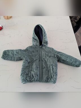 Kids' Green Hooded Puffer Jacket with Animal Print